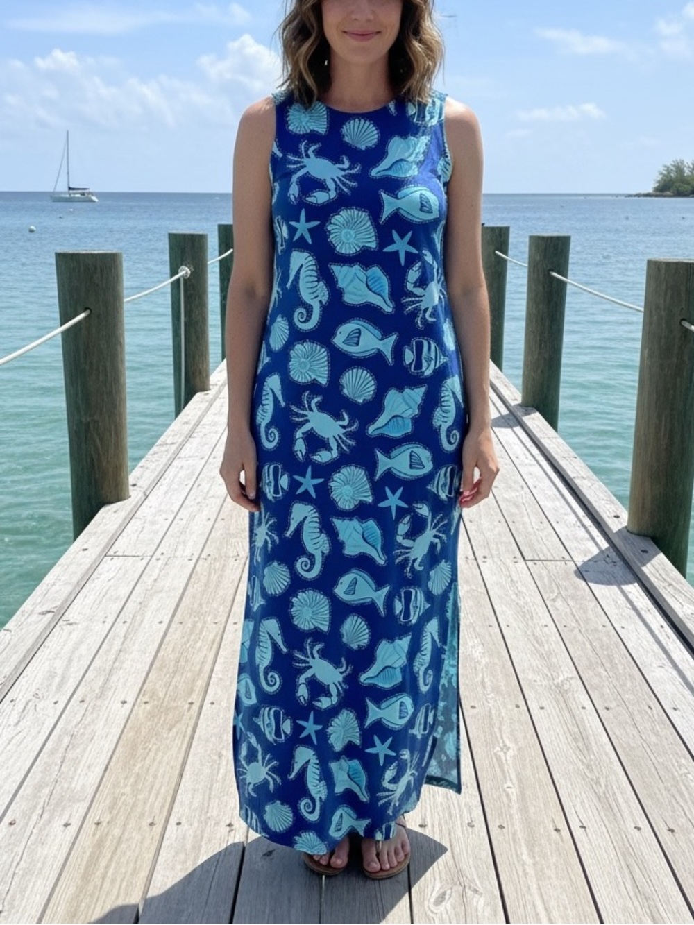 AnaClare Active Emilie Waikiki Maxi dress blue nautical NWT crab shells